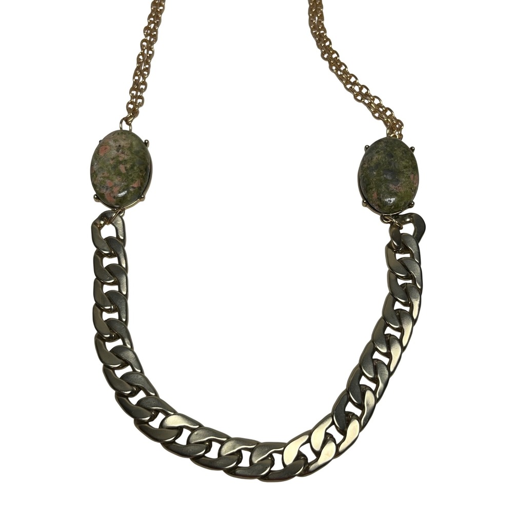 Gold Tone Chunky Chain Unakite Stone Necklace Green Pink Statement Piece